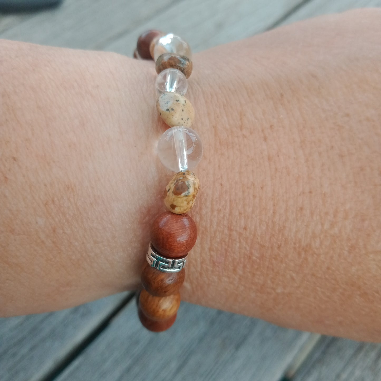 Bracelet en bois de Santal, cristal de roche et jaspe paysage