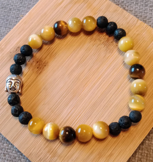 Bracelet pierre de lave et oeil de tigre jaune Bouddha