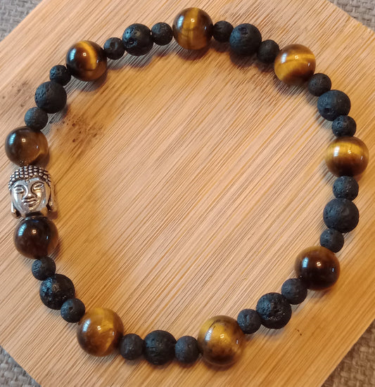 Bracelet oeil de tigre et pierre de lave. Bouddha