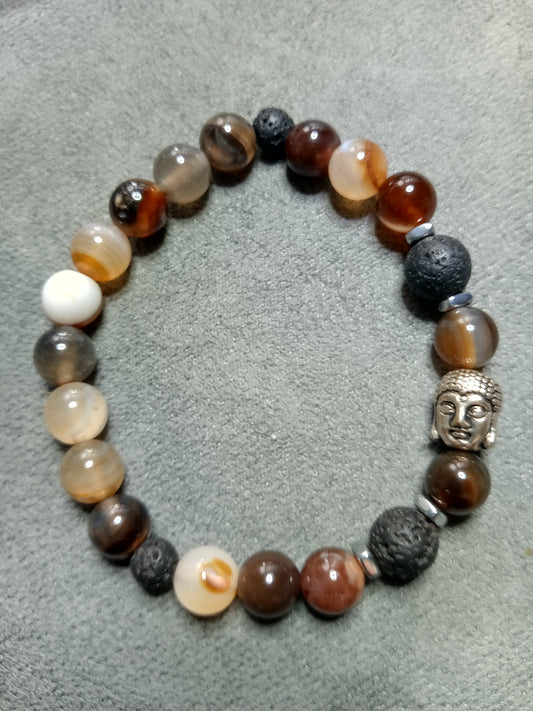 Bracelet en agate du Botswana et pierre de lave Bouddha