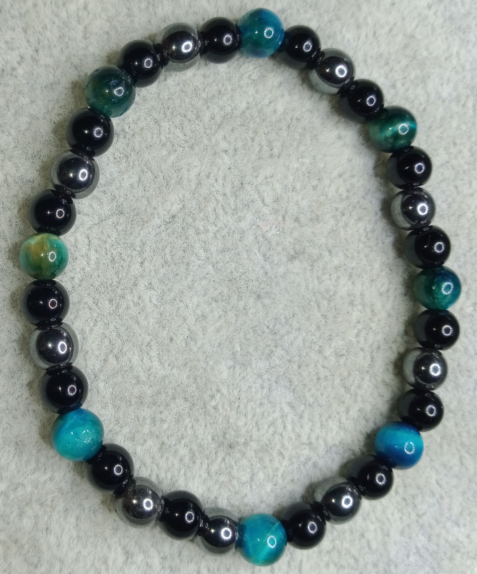 Bracelet triple protection (oeil de tigre bleu, onyx et hématite)