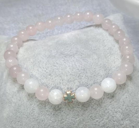 Bracelet en quartz rose et pierre de lune trèfle à 4 feuilles